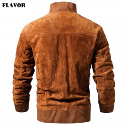 FLAVOR Men's Real Leather Jacket Men Pigskin Slim Fit Genuine Leather Coat With Rib Cuff Standing Collar