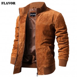 FLAVOR Men's Real Leather Jacket Men Pigskin Slim Fit Genuine Leather Coat With Rib Cuff Standing Collar